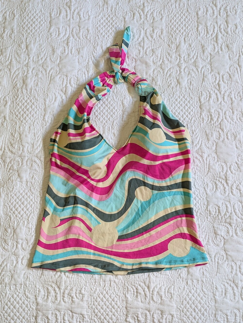 Bari Multicolor Swirl Halter Tank with Pink & Aqua Accents